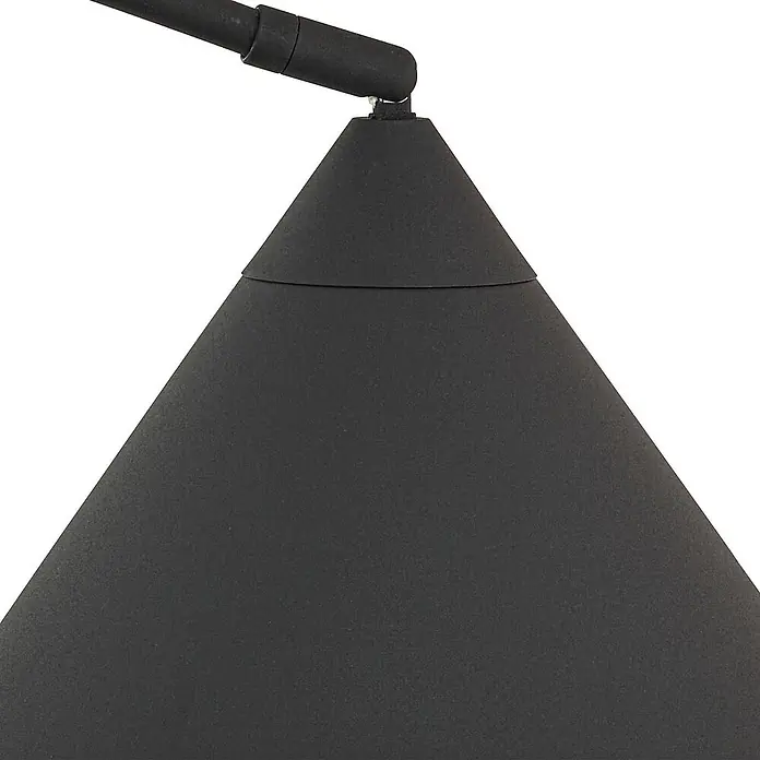 Lindby Stehleuchte Triangolo - Höhe: 195 cm, schwarz, schwarz, E27 - Dunkelgrauer konischer Lampenschirm mit matter Oberfläche, an einem schwarzen verstellbaren Arm befestigt.