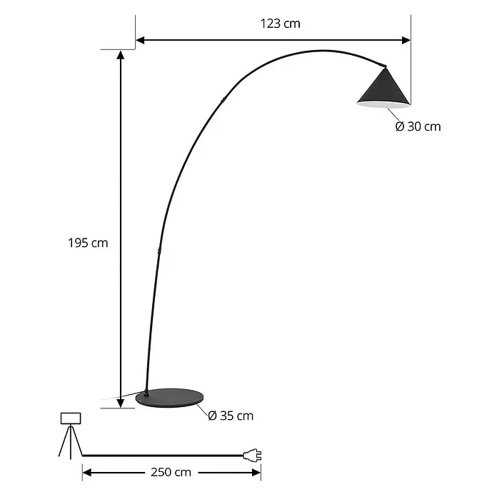 Lindby Stehleuchte Triangolo - Höhe: 195 cm, schwarz, schwarz, E27 - Schwarze Bogenlampe mit konischem Schirm. Maße: 195 cm H x 123 cm T. Schirm Ø 30 cm, Sockel Ø 35 cm.