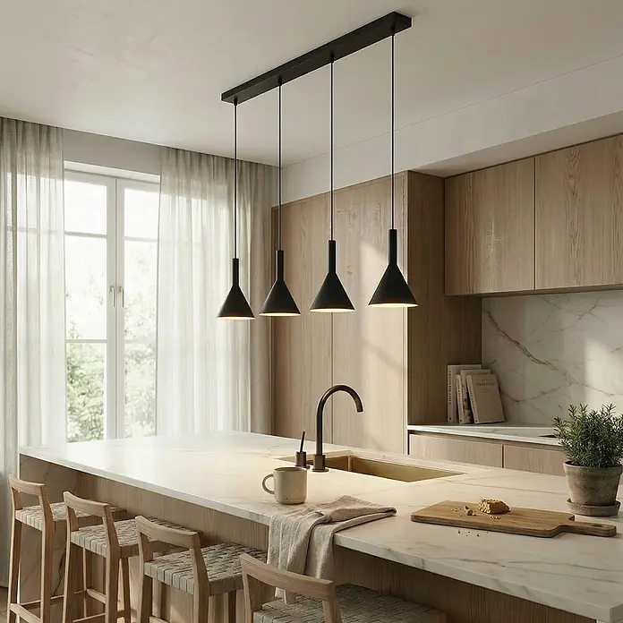 Arcchio Pendelleuchte Tadej - L x B x H: 112 x 19 x 28 cm, schwarz, Schwarz, weiß, E27 - Vier schwarze konische Pendelleuchten hängen an einer Stange und beleuchten eine moderne Kücheninsel mit Marmor und Holz.