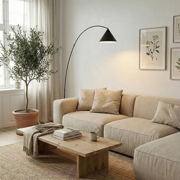 Lindby Stehleuchte Triangolo - Höhe: 195 cm, schwarz, schwarz, E27 - Helles beigefarbenes L-förmiges Ecksofa mit Plüschkissen in einem modernen Wohnzimmerambiente.