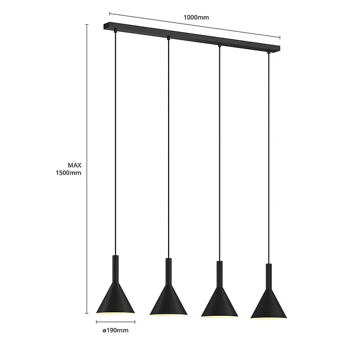 Arcchio Pendelleuchte Tadej - L x B x H: 112 x 19 x 28 cm, schwarz, Schwarz, weiß, E27 - Schwarze rechteckige Pendelleuchte mit vier verstellbaren kegelförmigen Lampen.