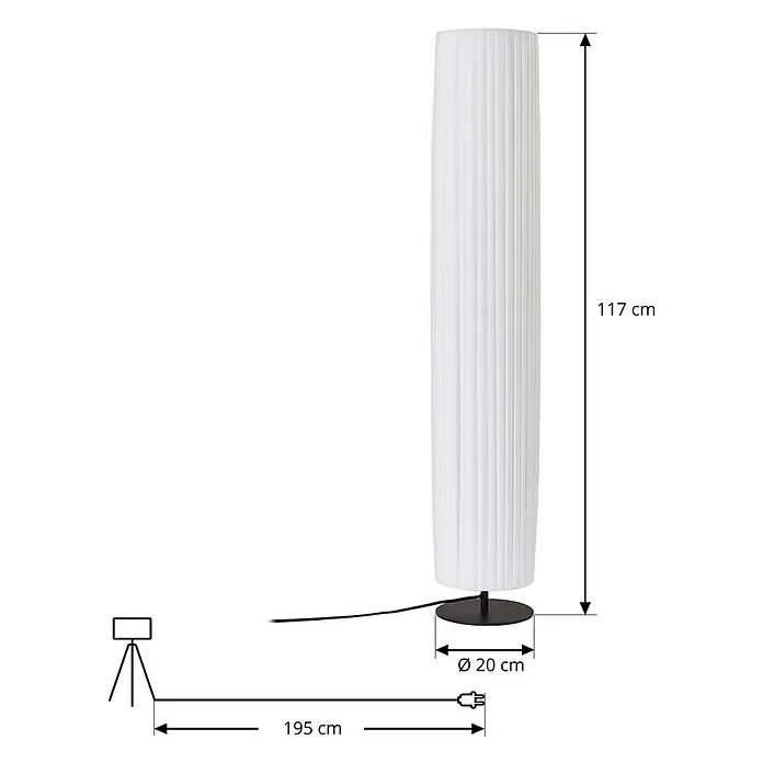 Lindby Stehleuchte Virelle - weiß / opal, E27 - Weiße plissierte Stehleuchte mit schwarzem Fuß, H 117 cm, Ø 20 cm. 195 cm Stromkabel.