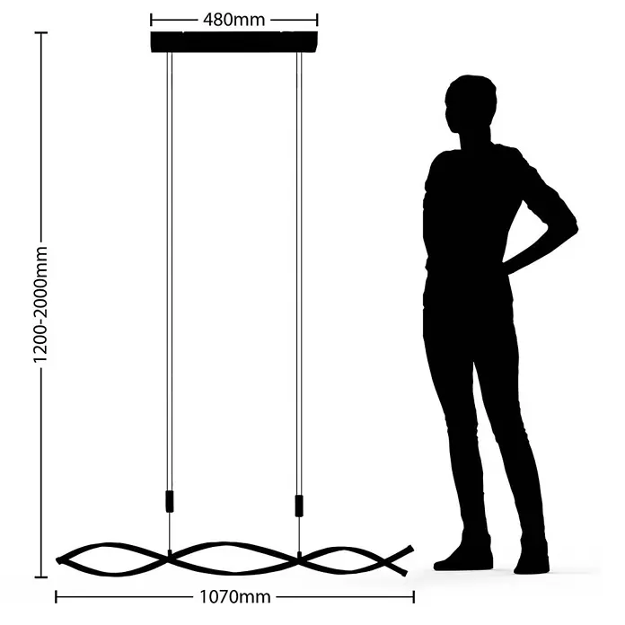 Lindby Pendelleuchte Welina - L x B x H: 107 x 10 x 200 cm, schwarz, Schwarz matt - Schwarze Wellen-Pendelleuchte, 1070mm lang, höhenverstellbar (1200-2000mm), mit menschlicher Silhouette zur Größenangabe.
