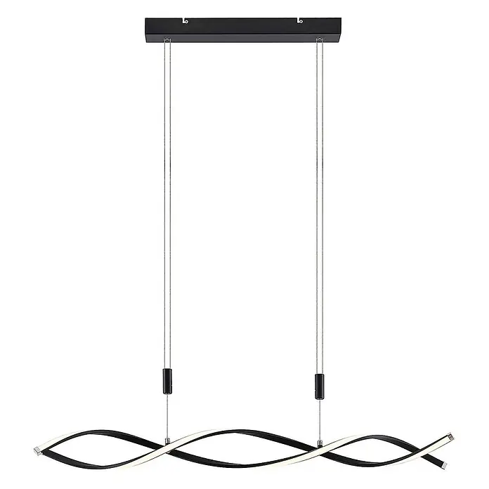Lindby Pendelleuchte Welina - L x B x H: 107 x 10 x 200 cm, schwarz, Schwarz matt - Schwarze geschwungene lineare LED-Pendelleuchte, von rechteckiger Deckenhalterung abgehängt.