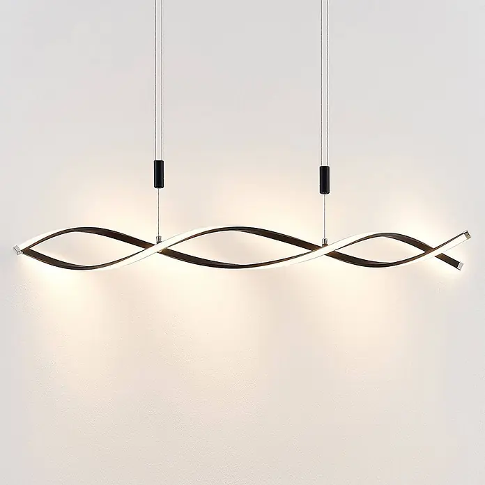Lindby Pendelleuchte Welina - L x B x H: 107 x 10 x 200 cm, schwarz, Schwarz matt - Moderne schwarze Metall-Wellen-LED-Pendelleuchte, an Drähten aufgehängt, strahlt warmweißes Licht aus.