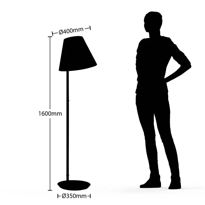 Lucande Stehleuchte Jinda - Höhe: 160 cm, Holz dunkel, weiß / opal, E27 - Schwarze Stehleuchte, 1600mm hoch, mit 400mm Schirmdurchmesser, neben einer Person zur Größenanzeige.
