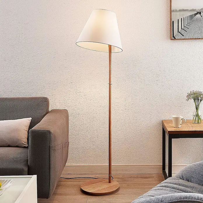 Lucande Stehleuchte Jinda - Höhe: 160 cm, Holz dunkel, weiß / opal, E27 - Stehleuchte aus Holz mit weißem Schirm, spendet Umgebungslicht im Wohnzimmer.