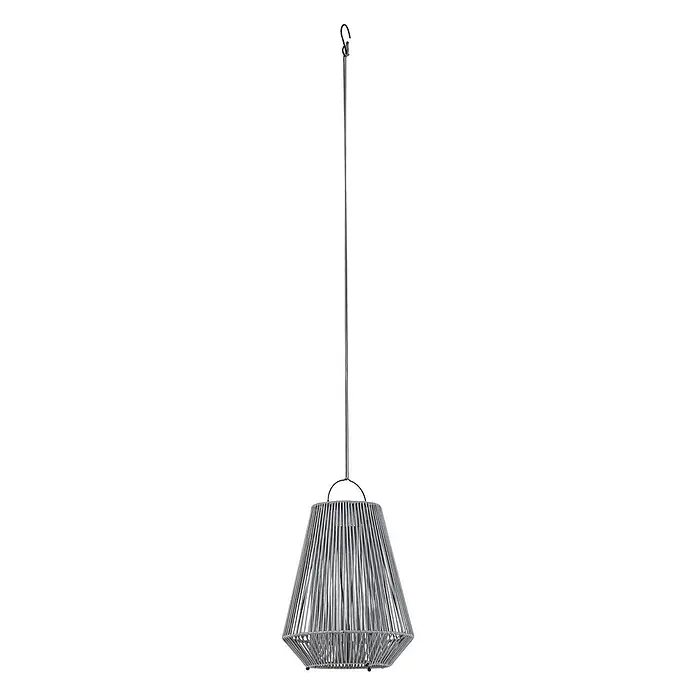 Lindby Außenwand- & Deckenleuchte Austas - alu / grau / zink, IP54 - Graue geflochtene Pendelleuchte mit konischem Schirm, an einem Draht mit Haken hängend.