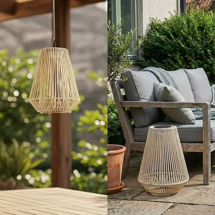 Lindby Außenwand- & Deckenleuchte Austas - creme / amber, IP54 - Natürliche geflochtene Außenlaterne, hängend und stehend auf einer Terrasse gezeigt.