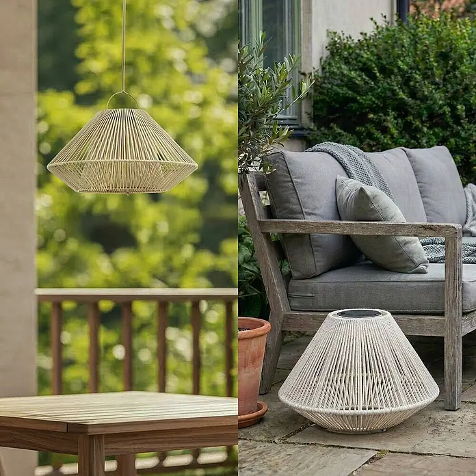 Lindby Außenwand- & Deckenleuchte Austas - creme / amber, IP54 - Helle, geflochtene kegelförmige Hängelampe und passende Bodenlaterne im Außenbereich.