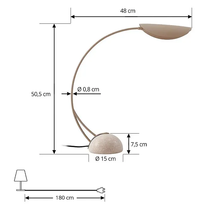Lucande Tischleuchte Rivera - alu / grau / zink, alu / grau / zink, G9 - Beige Tischleuchte mit gebogenem Arm und rundem Sockel, mit Maßen dargestellt.