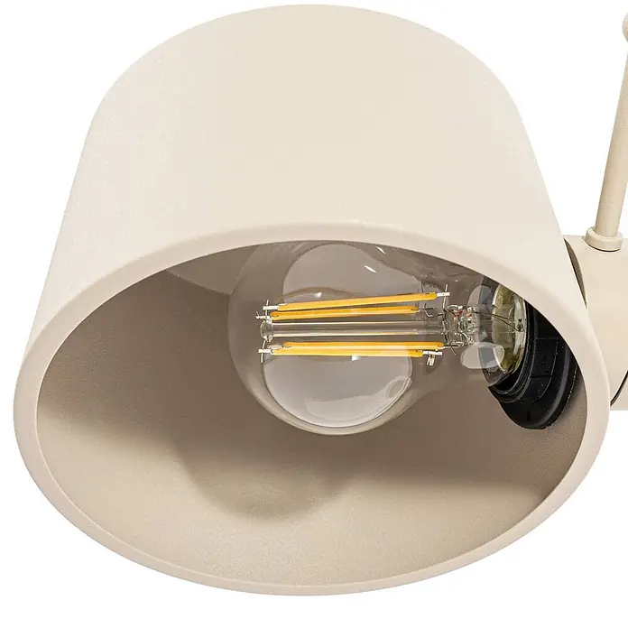 Lucande Tischleuchte Silka - L x B x H: 71 x 22 x 93,5 cm, creme / amber, creme / amber, E27 - Nahaufnahme eines hellbeigen, strukturierten Lampenschirms mit LED-Filamentbirne, Teil einer Leuchte.