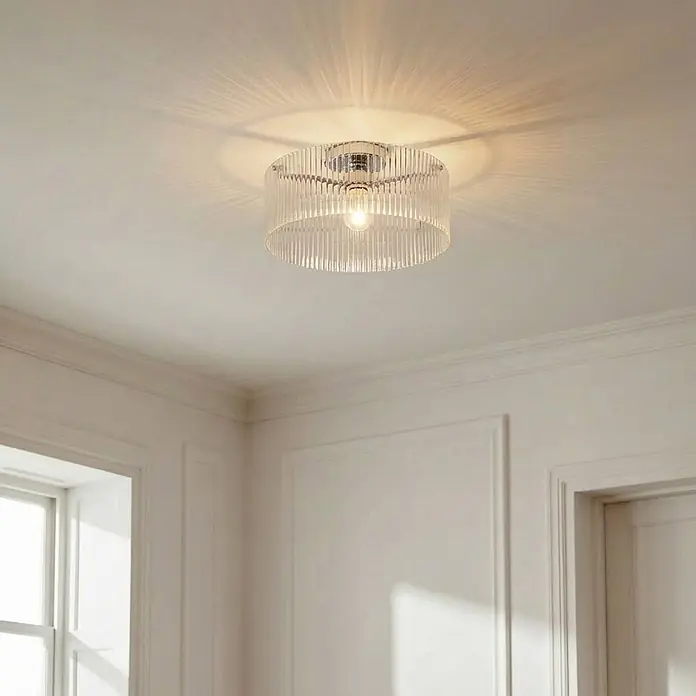 Lucande Deckenleuchte Meritt - L x B x H: 40 x 40 x 20 cm, chrom / silber, klar / transparent, E27 - Gerippte Deckenleuchte aus Klarglas wirft dekorative Lichtmuster an die Decke.