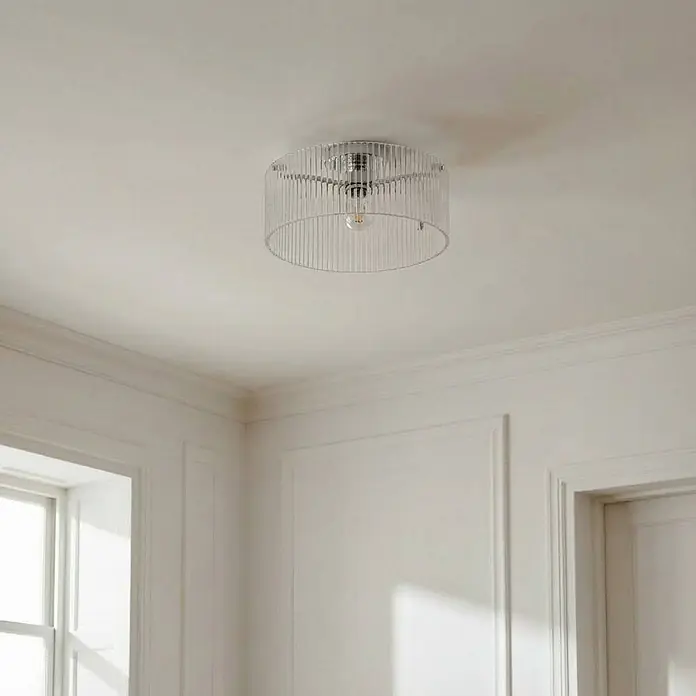 Lucande Deckenleuchte Meritt - L x B x H: 40 x 40 x 20 cm, chrom / silber, klar / transparent, E27 - Klare, geriffelte zylindrische Deckenleuchte mit sichtbarer Glühbirne an der Decke.