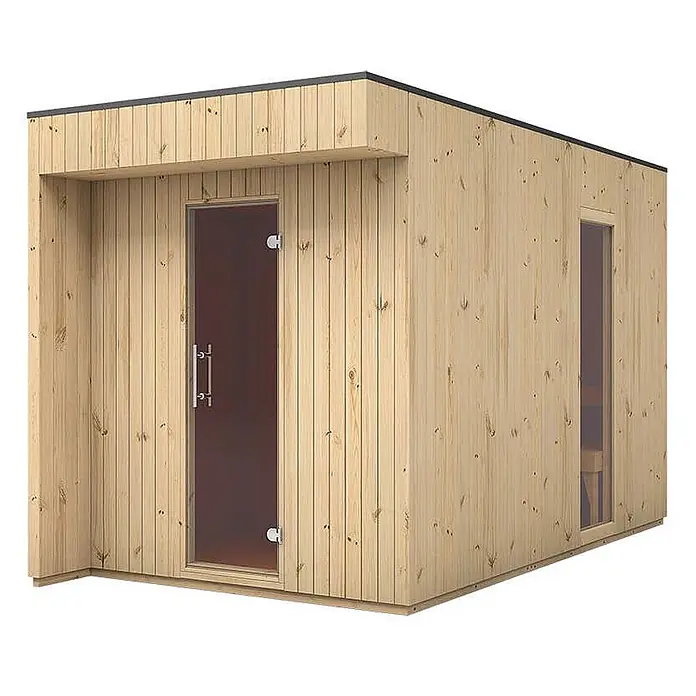 FinnTherm Saunahaus Comfort Set Siena - Elektroofen, Steuerung Ofen: Integriert, L x B x H: 397 x 203 x 236 cm - Hölzerne Saunakabine mit Glastür und Fenster.