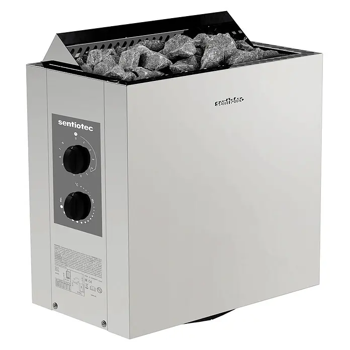 FinnTherm Saunahaus Comfort Set Siena - Elektroofen, Steuerung Ofen: Integriert, L x B x H: 397 x 203 x 236 cm - Ein sentiotec Saunaofen mit Metallgehäuse, gefüllt mit Saunasteinen und zwei Bedienknöpfen an der linken Seite.