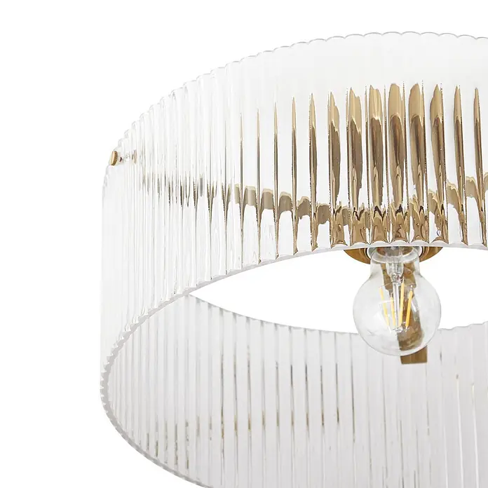 Lucande Deckenlampe in transparent, messing, Deckenleuchte -  - Nahaufnahme einer runden Lampe mit klarem, geriffeltem Schirm und messingfarbener Fassung.