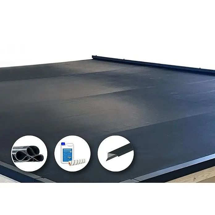 FinnTherm Saunahaus Comfort Set Siena - Elektroofen, Steuerung Ofen: Integriert, L x B x H: 397 x 203 x 236 cm - Schwarzes Flachdach-Membransystem mit Materialrolle, Klebstoff und dunkler Dachrandleiste.