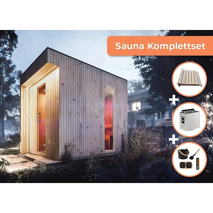 FinnTherm Saunahaus Comfort Set Siena - Elektroofen, Steuerung Ofen: Integriert, L x B x H: 397 x 203 x 236 cm - Outdoor-Saunakabine aus Holz mit Ofen, Bank und Zubehör, dargestellt in natürlicher Umgebung.
