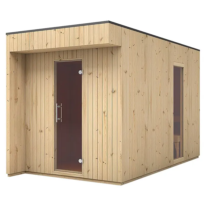FinnTherm Saunahaus Comfort Set Siena - Elektroofen, Steuerung Ofen: Integriert, L x B x H: 397 x 203 x 236 cm - Helle Holz-Außensaunakabine mit Glastür und Fenster.