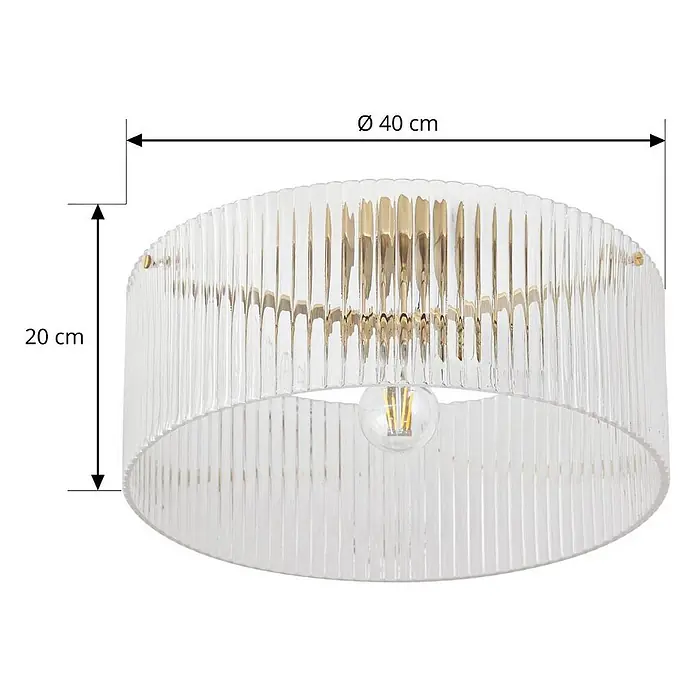 Lucande Deckenlampe in transparent, messing, Deckenleuchte -  - Runde, durchscheinende, gerippte Deckenlampe mit goldfarbenem Inneren und sichtbarer Glühbirne, 40 cm Durchmesser, 20 cm Höhe.