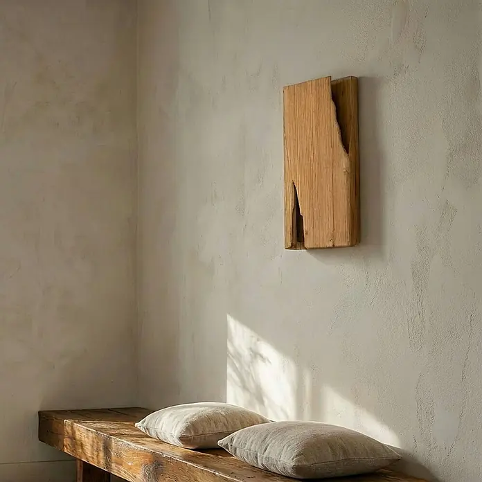 Lucande Wandleuchte Tarry - Holz hell, E14 - Rustikale Holzwandkunst mit natürlichem Riss, an einer strukturierten Wand über einer Holzbank mit Kissen.