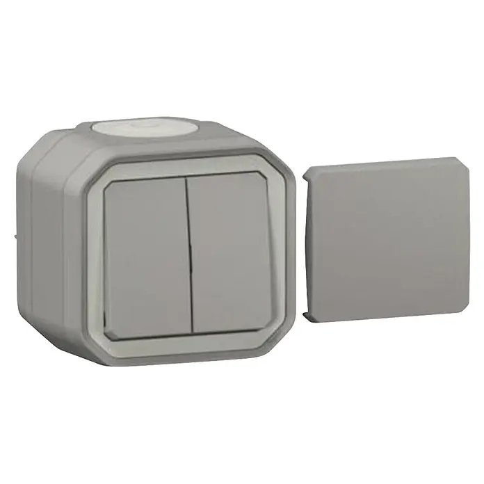 Legrand Feuchtraum-Wechselschalter Multifunktionsschalter Plexo New 069719L - Grau, Aufputzmontage, IP55 - Grauer Aufputz-Lichtschalter mit zwei Wipptasten und passender Blindabdeckung.