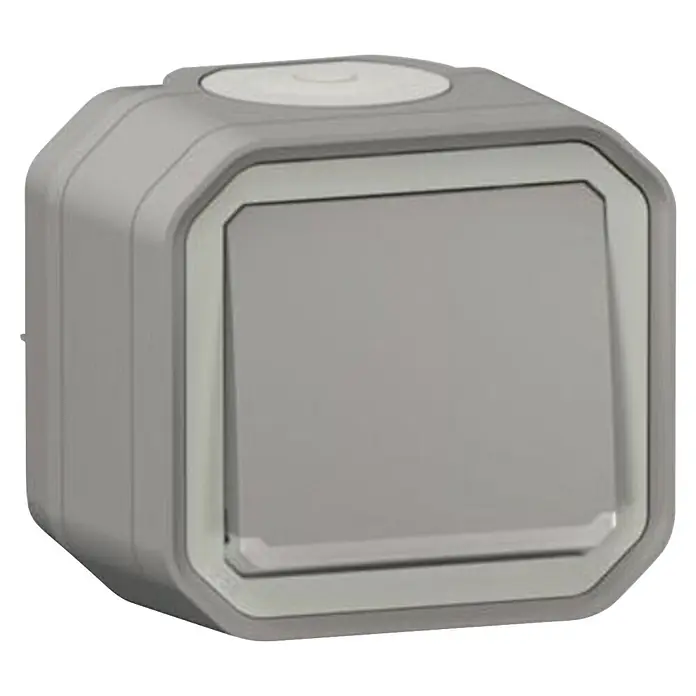 Legrand Feuchtraumtaster Plexo New 069722L mit Licht - Grau, Aufputzmontage, IP55 - Grauer, achteckiger Aufputz-Smart-Schalter mit weißem Druckknopf.