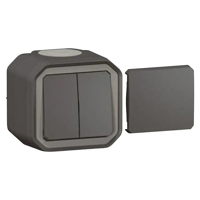 Legrand Feuchtraum-Wechselschalter Multifunktionsschalter Plexo New 069789L - Anthrazit, Aufputzmontage, IP55 - Dunkelgrauer quadratischer Elektroschalter mit zwei Wipptasten, einem hellgrauen oberen Knopf und separater passender Abdeckplatte.