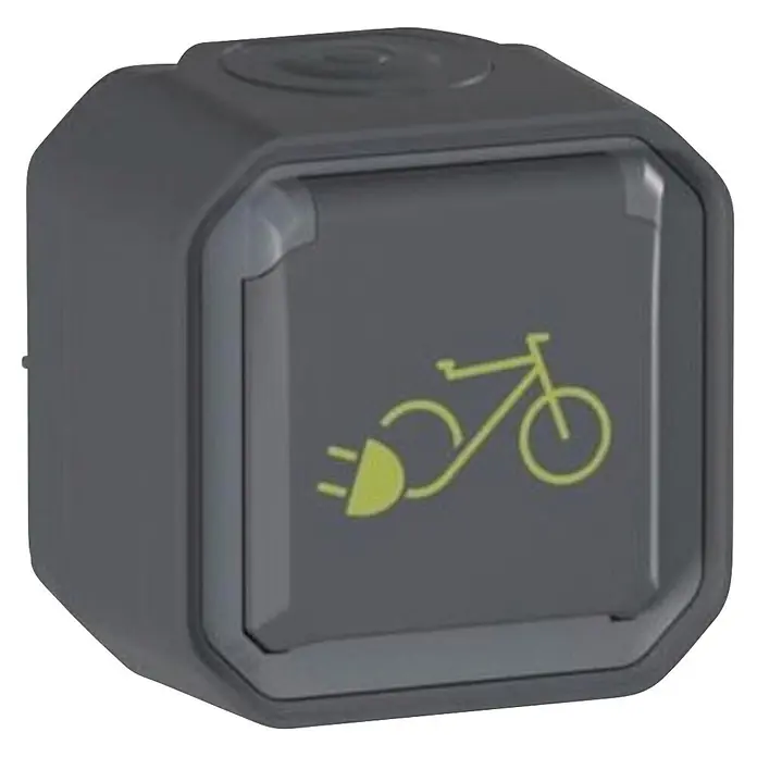 Legrand Feuchtraum-Steckdose Plexo New 069784L - Anthrazit, 1-fach, Aufputzmontage, IP44 - Dunkelgraues, quadratisches Gerät mit grünem E-Bike-Ladesymbol auf der Vorderseite.