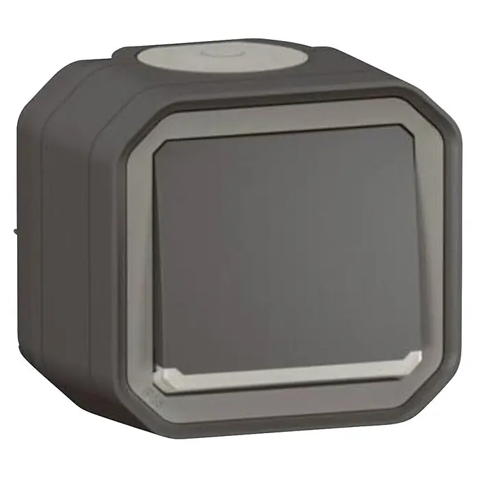 Legrand Feuchtraumtaster Plexo New 069782L mit Licht - Anthrazit, Aufputzmontage, IP55 - Grauer Aufputz-Elektroschalter mit Wipptaste und achteckigem Rahmen.