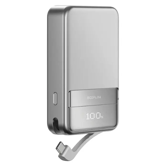EcoFlow Powerbank Magnet 5000mAh - Silber - Silberne Powerbank mit integriertem USB-C-Kabel und Digitalanzeige mit „100%“.