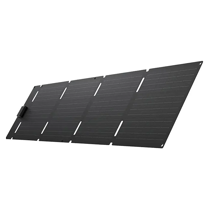 EcoFlow Solarmodul 60W faltbar - L x B x H: 30 x 1.356 x 309 mm - Dunkles, flexibles Solarpanel mit segmentierten Zellen, Befestigungslöchern und kleiner Steuereinheit.