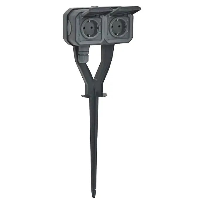 Legrand Feuchtraum-Steckdose Plexo New 069759L mit Gartenpfahl - Grau, 2-fach, Aufputzmontage, IP55 - Dunkelgraue Outdoor-Steckdose mit zwei abgedeckten Anschlüssen auf Erdspieß.
