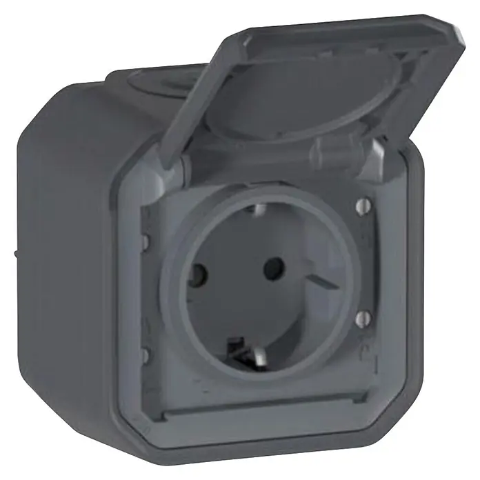 Legrand Feuchtraum-Steckdose Plexo New 069784L - Anthrazit, 1-fach, Aufputzmontage, IP44 - Dunkelgraue, wetterfeste Außensteckdose mit geöffnetem Klappdeckel, Schuko-Typ.