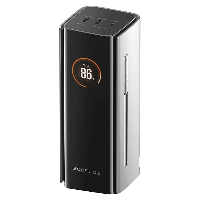 EcoFlow Powerbank Rapid Pro 20.000 mAh mit 100 W - Silber-Schwarz - Eine vertikale, schwarz-silberne Ecoflow Powerstation mit mehreren USB-C-Anschlüssen, 86% Akkuanzeige und seitlichen Tasten.