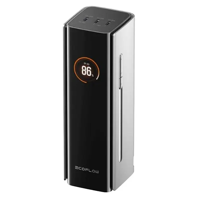 EcoFlow Powerbank Rapid Pro Powerbank mit integriertem 140W Kabel - Silber - Elegante schwarz-silberne EcoFlow Powerstation mit 86% Akkuanzeige und USB-C-Anschlüssen oben.