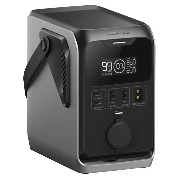 EcoFlow Powerstation Trail 300 DC - 288 Wh, Schwarz, Grau - Graue und schwarze portable Powerstation mit Griff, Digitalanzeige für Akku und Leistung, und mehreren Ladeanschlüssen.