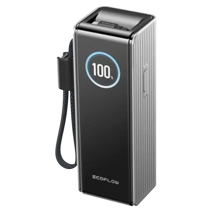 EcoFlow Powerbank Rapid 25.000 mAh schwarz - Silber - Schwarz-silberne EcoFlow E-Auto-Ladestation mit digitalem Display ('100%') und angeschlossenem Ladekabel.