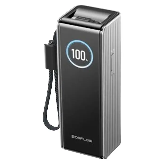 EcoFlow Powerbank Rapid 25.000 mAh mit Kabel - Schwarz - Schwarz-silberne portable Powerstation mit 100% Anzeige und geflochtenem Ladekabel.