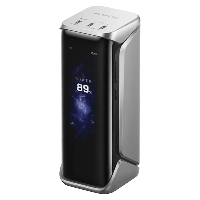 EcoFlow Powerbank Rapid Pro x 27.650 mAh - Silber-Schwarz - Schlanke grau-schwarze tragbare Powerstation mit Digitalanzeige, die 89% Leistung und USB-Anschlüsse oben zeigt.