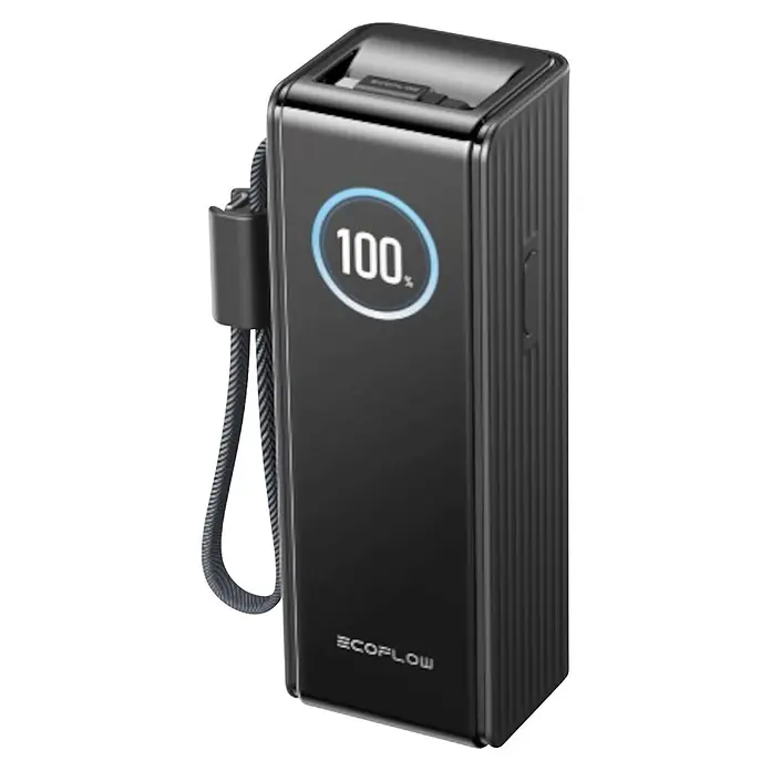 EcoFlow Powerbank Rapid 25.000 mAh schwarz mit 100 W Ladekabel - Schwarz - Schlanke schwarze Powerbank mit digitaler Anzeige von '100 %' Ladung und einem geflochtenen Tragegurt.