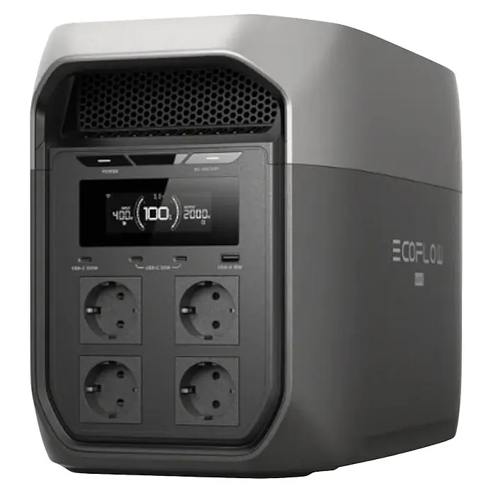EcoFlow Powerstation Delta 3 Max Plus - 2.048 Wh, Schwarz, Grau - Dunkel- und hellgraue Ecoflow Powerstation mit Digitalanzeige und mehreren Steckdosen, inkl. EU-Anschlüssen und USB-Ports.