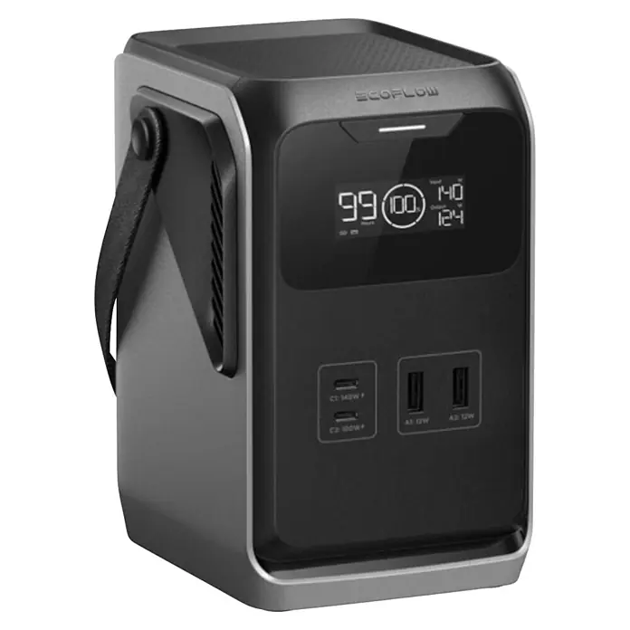 EcoFlow Powerstation Trail 200 DC - 192 Wh, Schwarz, Grau - Dunkelgraue und silberne tragbare Powerstation mit Digitalanzeige und mehreren USB-C- und USB-A-Ladeanschlüssen.