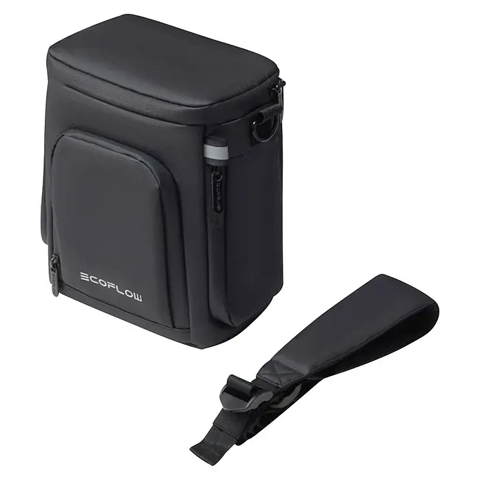 EcoFlow Tasche Trail Bag für die EcoFlow Trail Powerstationen - Schwarz - Dunkelgraue Ecoflow Tragetasche mit Vordertasche und abnehmbarem Schultergurt.