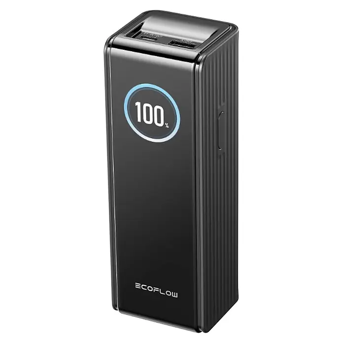 EcoFlow Powerbank Rapid 25.000 mAh schwarz - Schwarz - Dunkelgraue ECOFLOW Powerbank mit 100%-Anzeige, gerippten Seiten und mehreren Ladeanschlüssen.