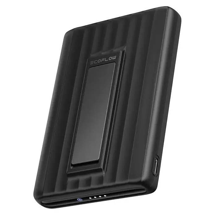 EcoFlow Powerbank Rapid Mag 10.000 mAh weiß - Schwarz - Schwarze EcoFlow Powerbank mit texturiertem Design, USB-C-Anschluss und LED-Anzeigen.