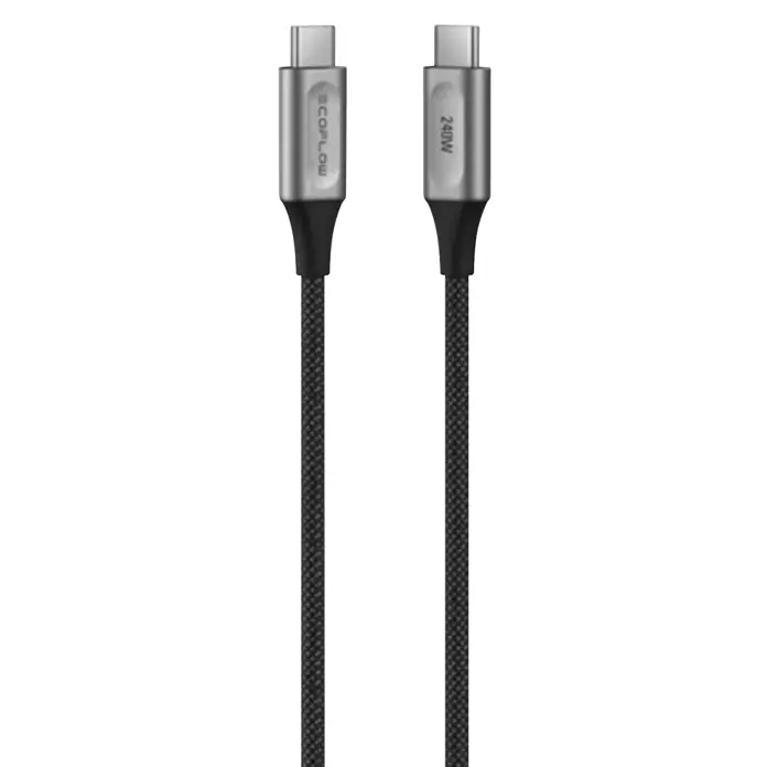 EcoFlow USB-Ladekabel Rapid Pro - Schwarz, USB C-Stecker - Schwarzes geflochtenes USB-C-Kabel mit silbernen Metallanschlüssen. Ein Ende zeigt 'ECOFLOW', das andere '240W' für hohe Ladeleistung.