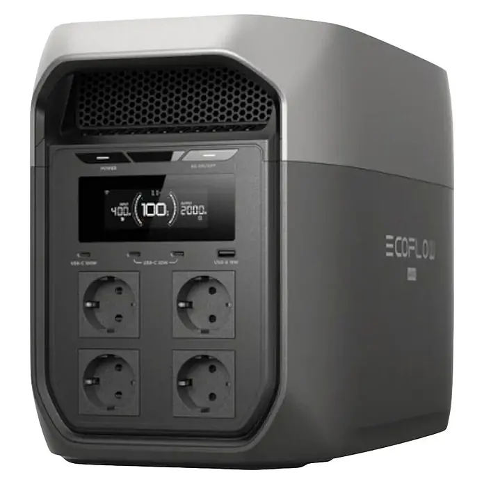 EcoFlow Powerstation Delta 3 Max - 2.048 Wh, Schwarz, Grau - Dunkelgraue EcoFlow Powerstation mit hellgrauer Oberseite, Display, vier AC-Steckdosen und USB-Anschlüssen.
