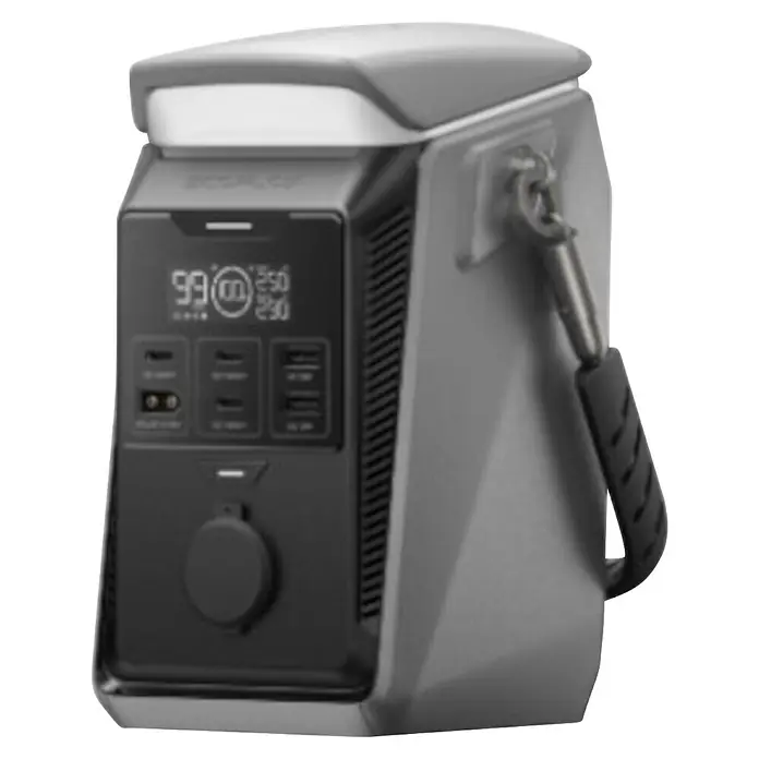 EcoFlow Powerstation Trail Plus 300 DC - 288 Wh, Schwarz/Grau - Graue tragbare Powerstation mit Digitalanzeige (99%), mehreren Ladeanschlüssen und schwarzem Tragegurt.